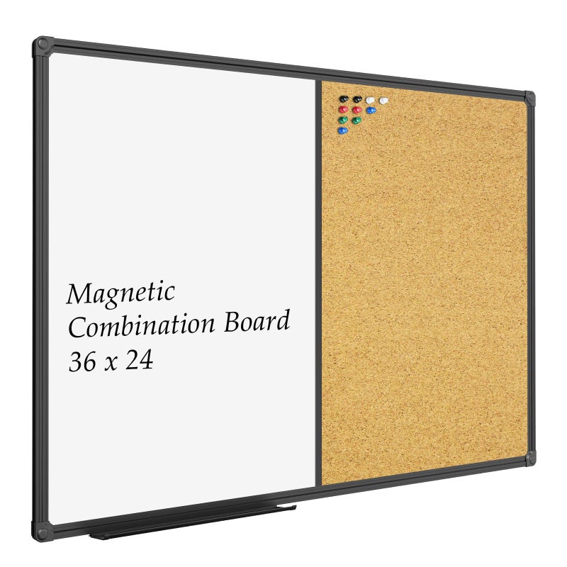 JILoffice White Board & Bulletin Corkboard Combination, Combo Board 36 x 24 Magnetic Whiteboard, Black Aluminum Frame Wall Mounted Board for Office Home and School with 10 Push Pins - Image 1
